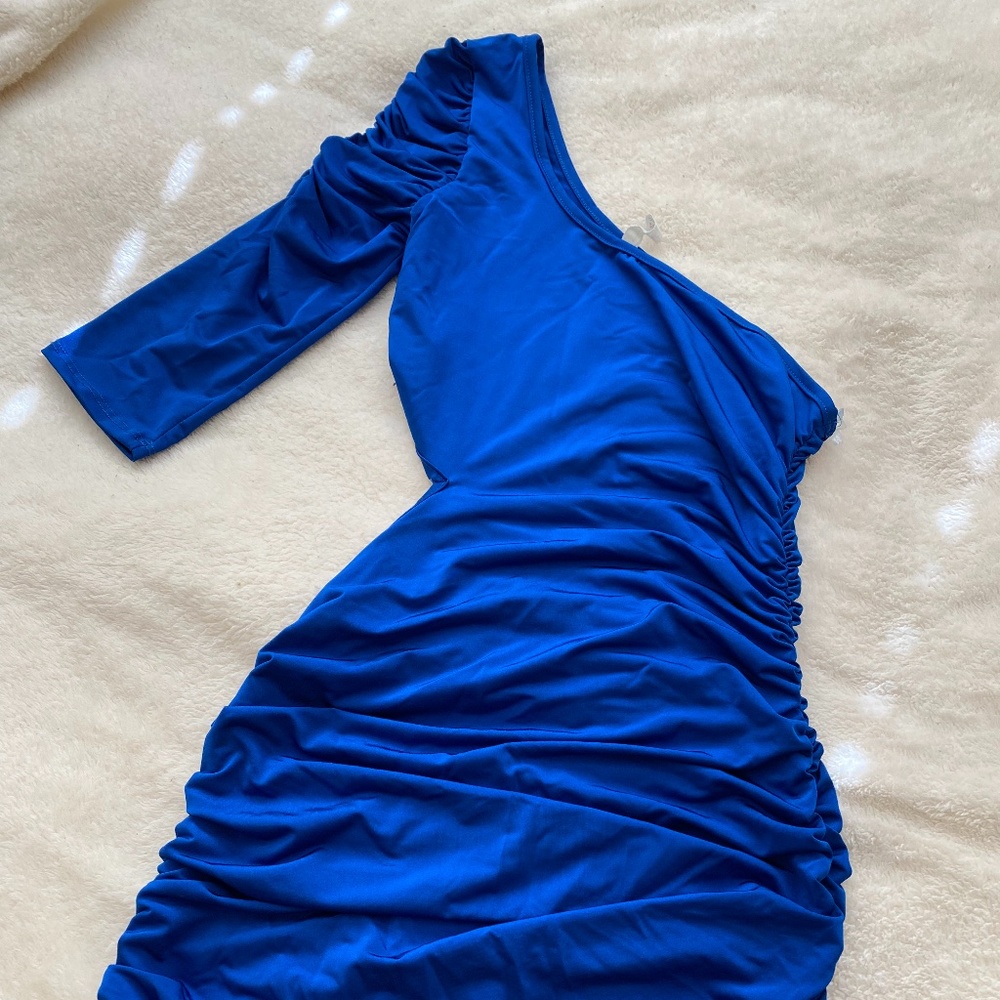 Royal blue cut out sexy one sleeve dress
